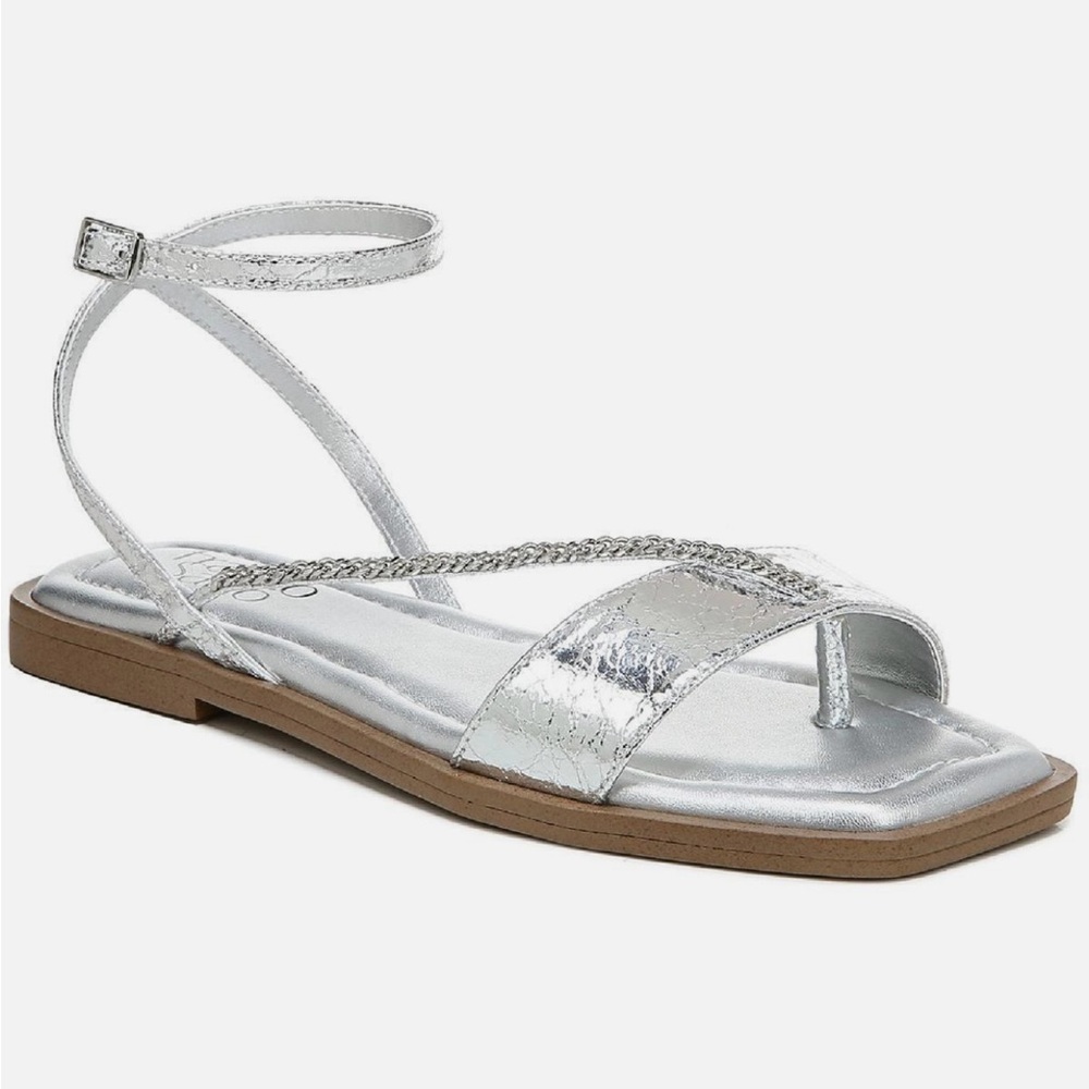 Franco Sarto Women’s Mela Faux Leather Ankle Strap Toe Flat Silver Flat Sandal